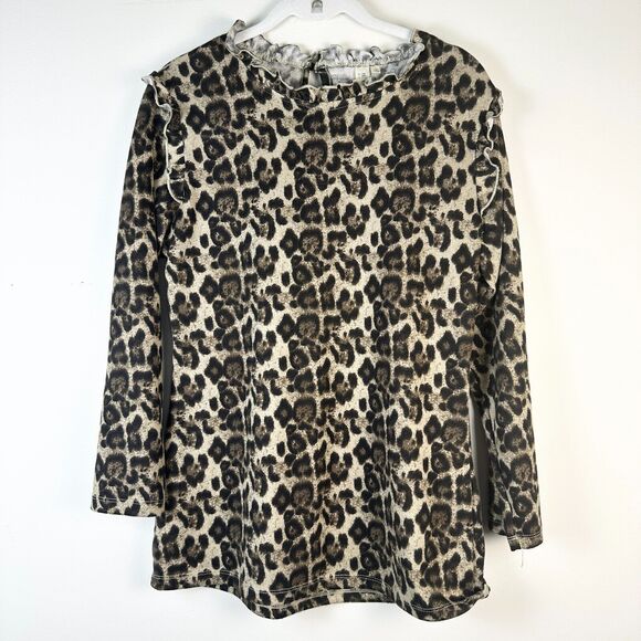 HAYDEN Top Women L Brown Leopard Animal Print 3/4 Slv Ruffle Neck Blouse NWOT - Picture 2 of 9